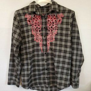 Millau Womens Western Shirt Flannel Gray Pink Floral Embroidered Cutout Size XL